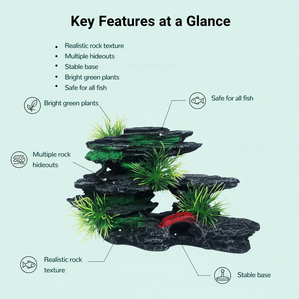 J-star Medium Aquarium Rock Mountain Decor – Realistic Resin Landscape Ornament for Fish Tanks – Enhances Underwater Scenery, Easy to Clean, Safe for Fish