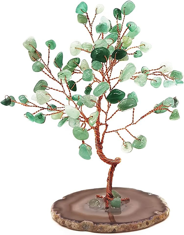 Quartz Crystal Feng Shui Money Tree Natural Agate Flakes Geode Base Bonsai Style Decoration for Luck and Wealth 3.6"- 4.6"(Green)
