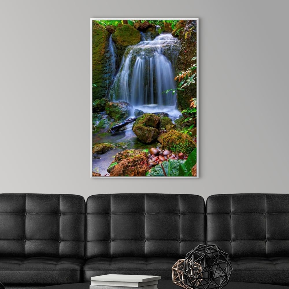 CANVAS ON DEMAND Waterfall in Tropical Rainforest of Fairchild Tropical Gardens, White Float Framed Canvas Wall Art Print, Home Decor, Floral, Flowers, Nature Artwork, 24" x36in