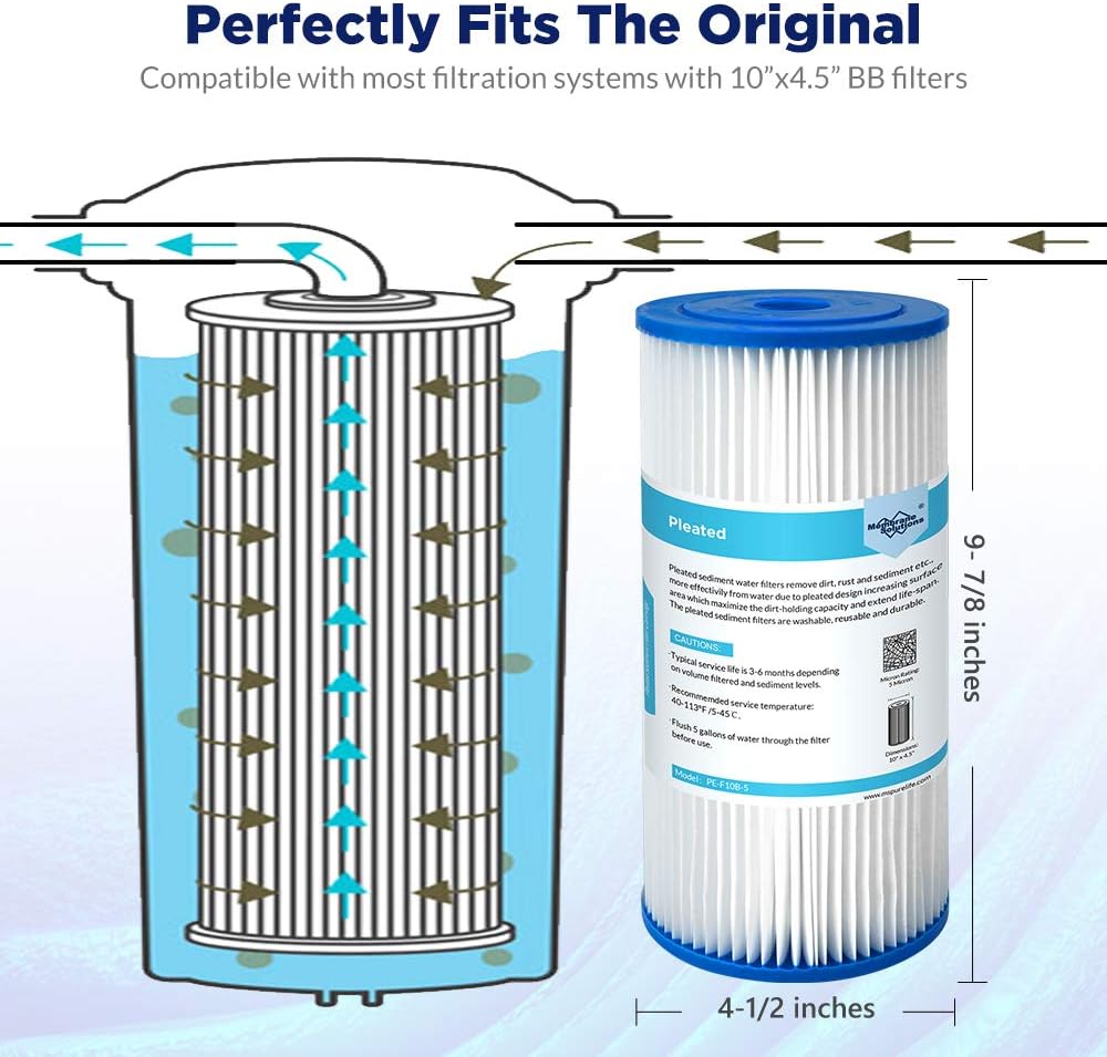 Membrane Solutions 20 Micron Pleated Water Filter Home 10"x4.5" Whole House Heavy Duty Sediment Replacement Cartridge Compatible with ECP10-1,ECP20-BB,R50-BBSA,FXHSC,CB1-SED10-BB (4 Pack)