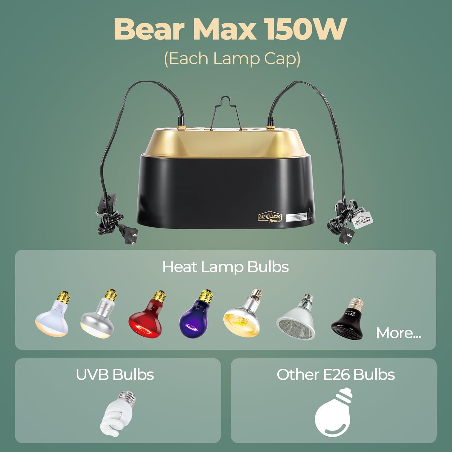 Dual Reptile Light Fixture with Switches, High Reflection Dome Reptile Heat Lamp Fixture, Terrarium UVB Basking Bulb Fixture for Reptiles Bearded Dragon Snake Tortoise, Max 150W Each
