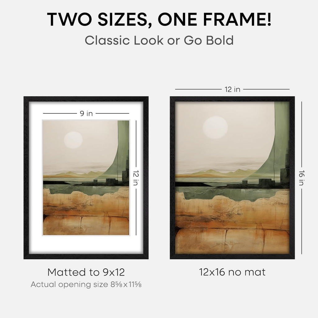 Homeforia 12x16 Black Wood Picture Frame, High End Oak 12x16 Poster Frames with Mat 9x12 Print, 12 x 16 Black Wooden Frame Matted to 9 by 12 Photo, 16x12 Thin Frame, Tempered Glass, Wall Kit, Set of 3