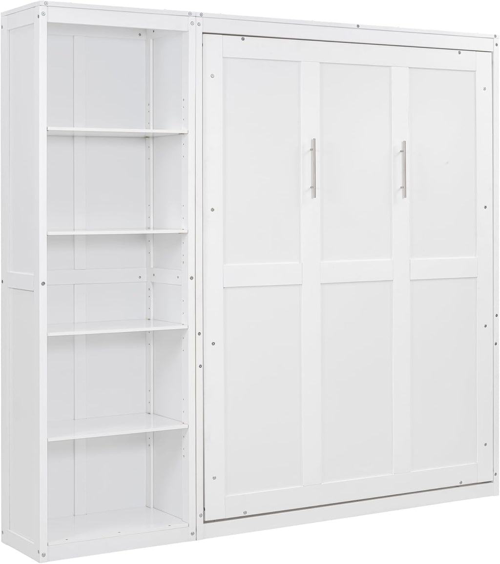 MERITLINE Full Murphy Bed with Storage Bookcase Shelves,Wood Folding White Murphy Wall Bed Cabinet