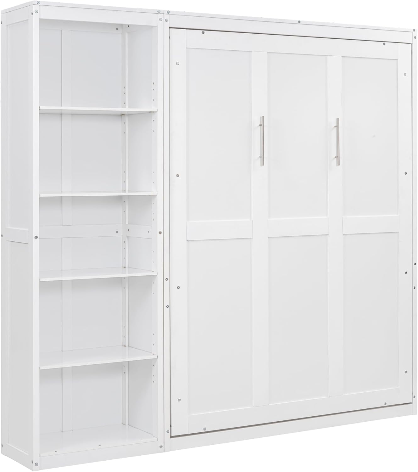 MERITLINE Full Murphy Bed with Storage Bookcase Shelves,Wood Folding White Murphy Wall Bed Cabinet