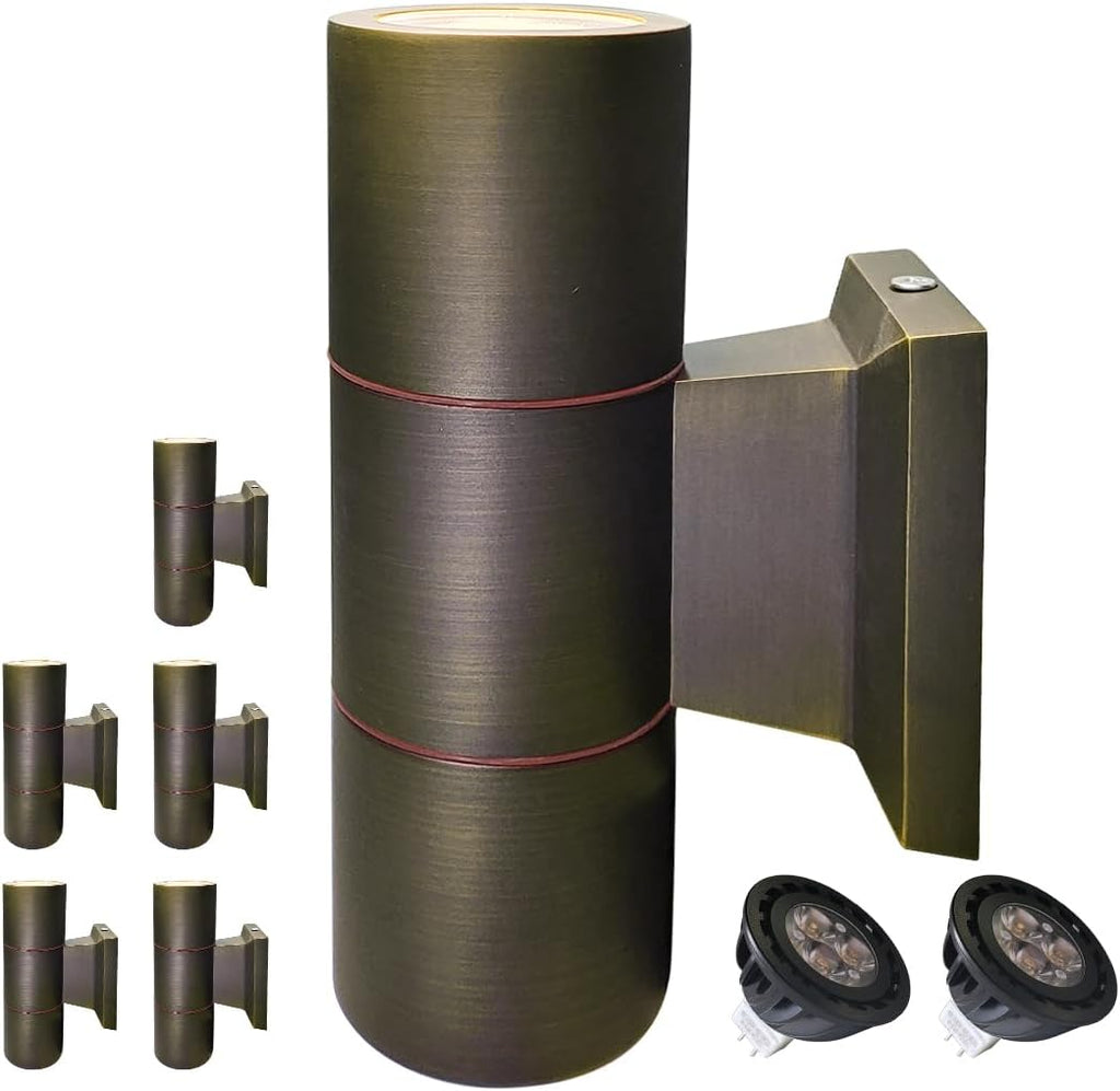 COLOER Brass Outdoor Cylinder Wall Lights(Bronze 6.875" H x 4.25" W) 6 Pack with LED MR16, 12V Low Voltage Porch Light in 2 Lights, 2700K Up Down Lights, Outside Light for House Porch Patio Door