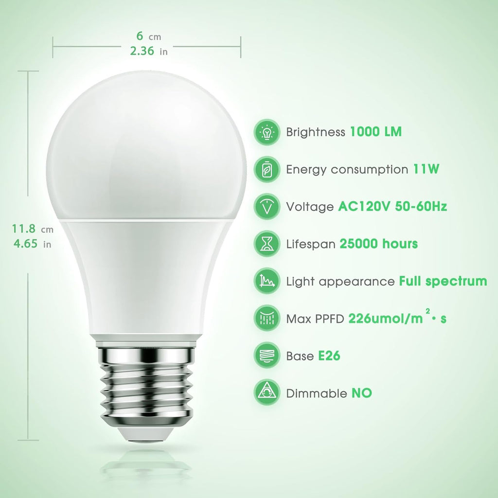 Briignite Full Spectrum LED Grow Light Bulb - A19 E26 Base, 11W (100W Equivalent) - for Indoor Plants, Seed Starting - 3 Pack