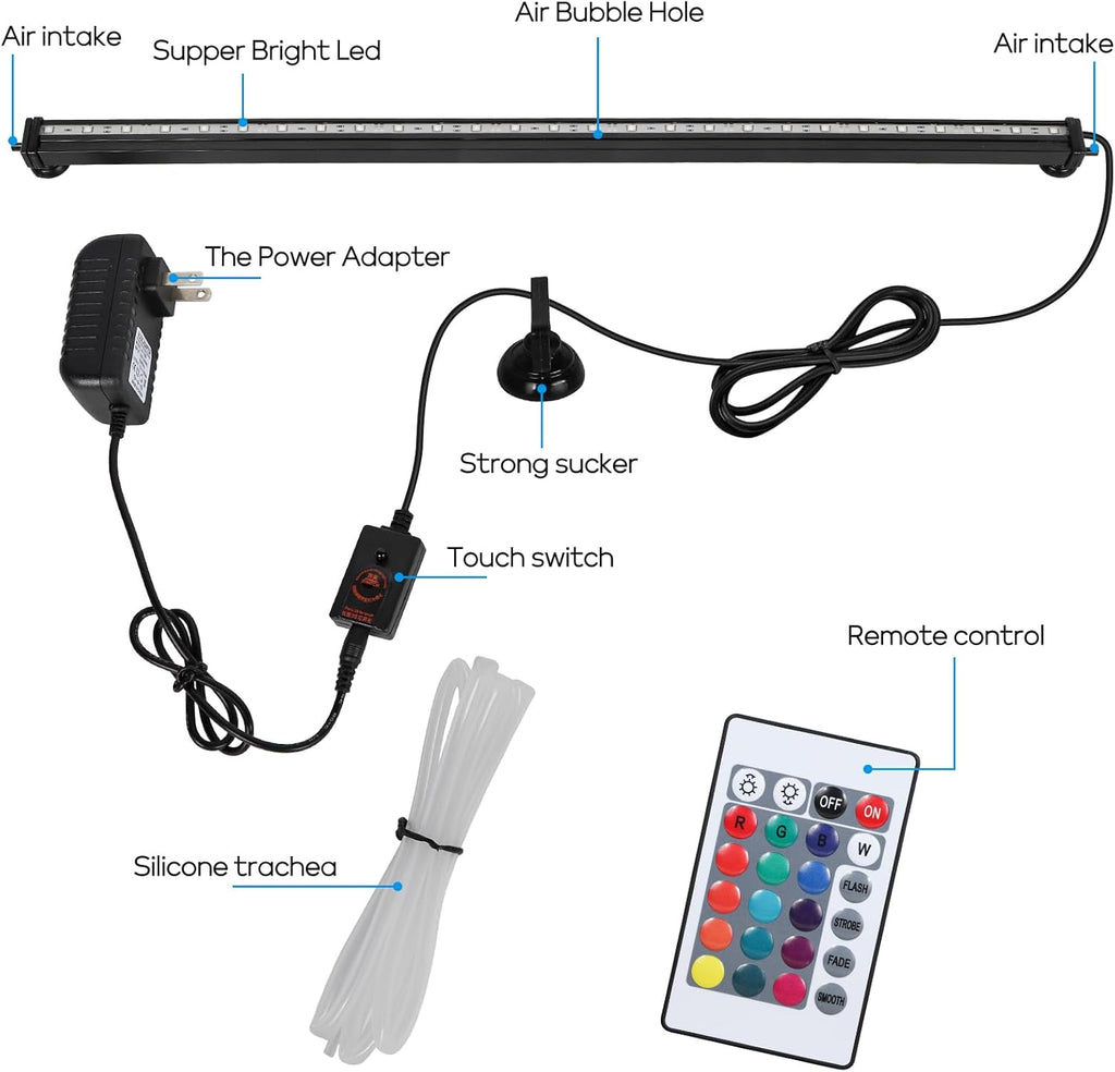 26.4 inch Submersible Aquarium Light, Fish Tank Light with Air Bubble Hole, RGB Color Changing Brightness Adjustable IP68 Waterproof Remote Control LED Light for Aquarium Fish Tank