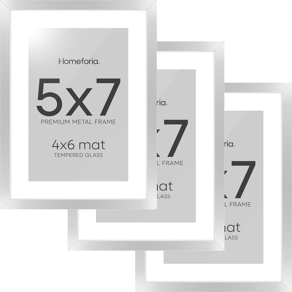 Homeforia 5x7 Picture Frame Silver, High End Metal 5 x 7 Silver Frames with Mat 4 x 6 Print, 5by7 Desk Frame Matted to 4x6 inch Photo, 5 by 7 Wall or Tabletop Frame, Tempered Glass, Wall Kit, Set of 3