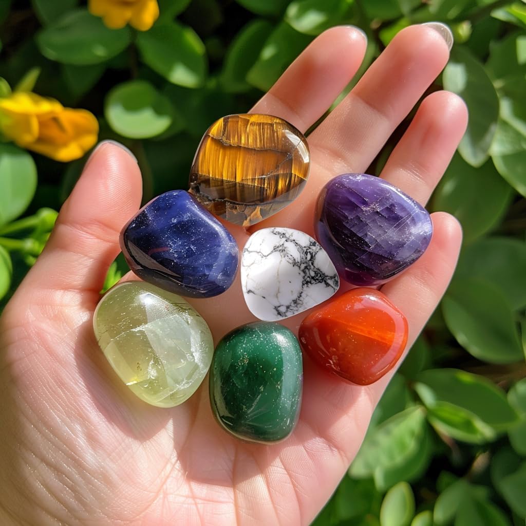 7 Chakra Stone Set, 0.8 Inches 7 PCS Large Polished Crystals - Natural Tumbled Gemstones Decorative Rocks for Vase Filler, Aquarium, Fish Tank, Indoor Plants, Indoor Fountain Stones