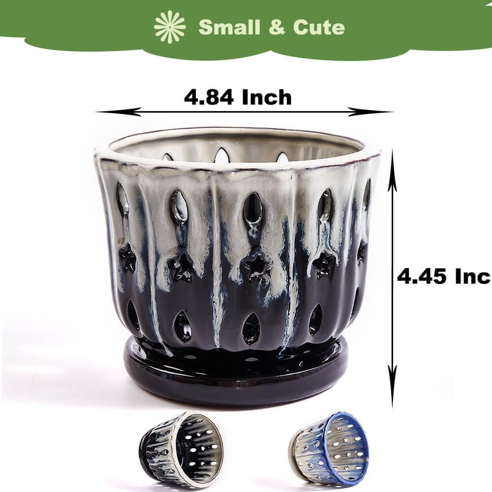 Orchid Pots with Holes Attached Saucers 5 Inches - 2 Pcs Small Ceramic Pots for Repotting, Decorative Ceramic Orchid Planter with Hole for Healthy Root Growth Mixed Color