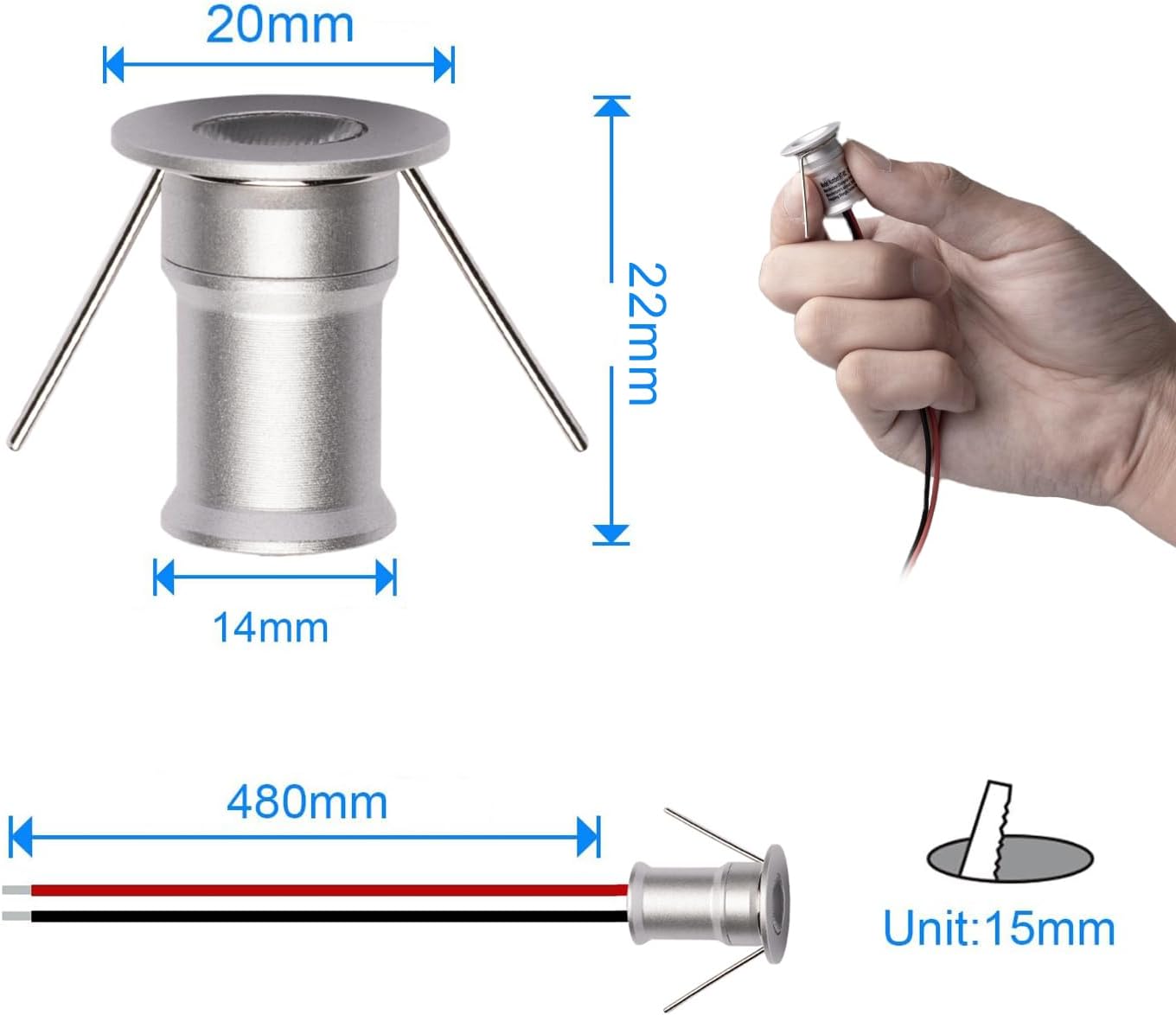 902 30°Led Mini Spotlight DC12V 1W,Suitable for bookcases,cabinets,and Various Display cabinets as Decorative Lights,Embedded Installation,Soft Lighting,with Power Supply (6000K,Silver,9Pack)