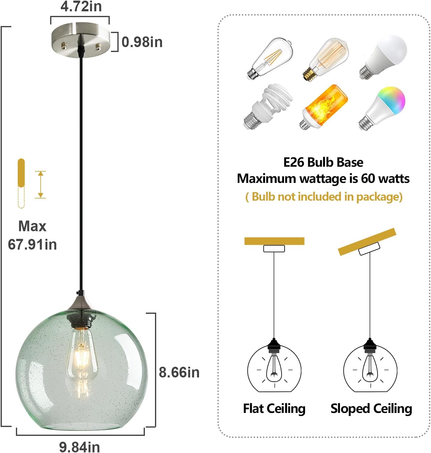 Light Green Glass Pendant Lights Kitchen Island Globe Pendant Light Fixtures Modern Pendant Lighting for Bedroom Living Dining Room Light Fixture (9.84 in, 2 Pack)