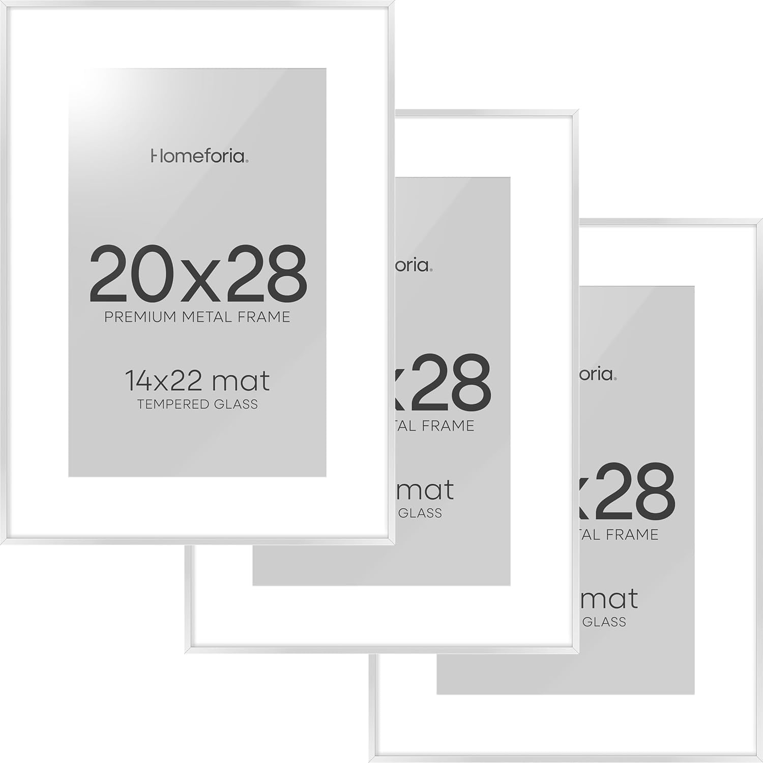 Homeforia 20x28 Picture Frame Silver, High End Metal 20 x 28 Poster Frame with Mat 14 x 22 for Photo, 20x28 Silver Frames Matted to 14x22 Print, 28x20 Hanging Frame, Tempered Glass, Wall Kit, Set of 3