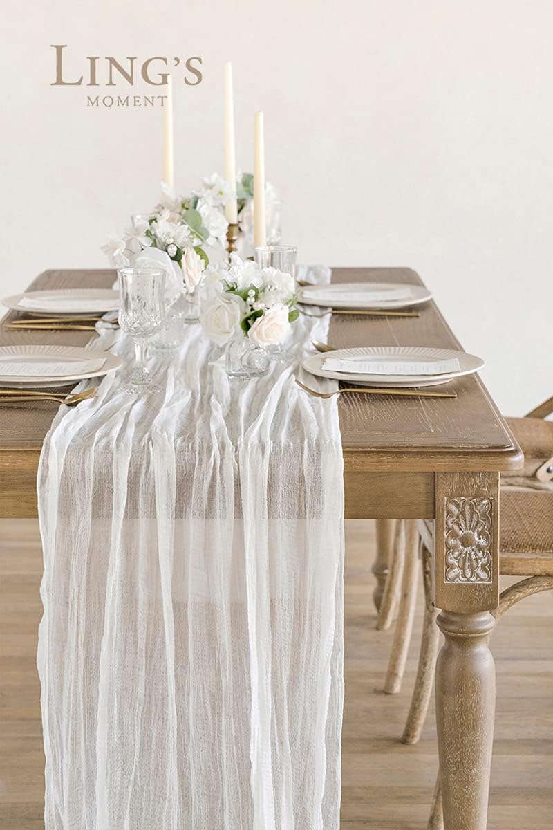 Ling's moment 14Ft x 35" Wide Brilliant White Gauze Semi-Sheer Table Runner Cheesecloth Tablecloth for Wedding Party Bridal Shower Boho Table Decor