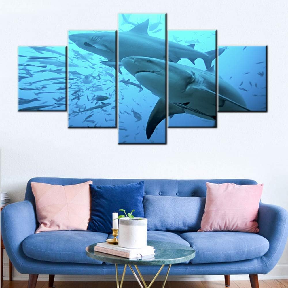 Living Room Wall Decor Shark with Small Fish in the Deep Wate Pictures Blue Wall Art 5 Panels Printed on Canvas Paintings Seascape Artwork for Home Stretched and Framed Ready to Hang(60''Wx32''H)