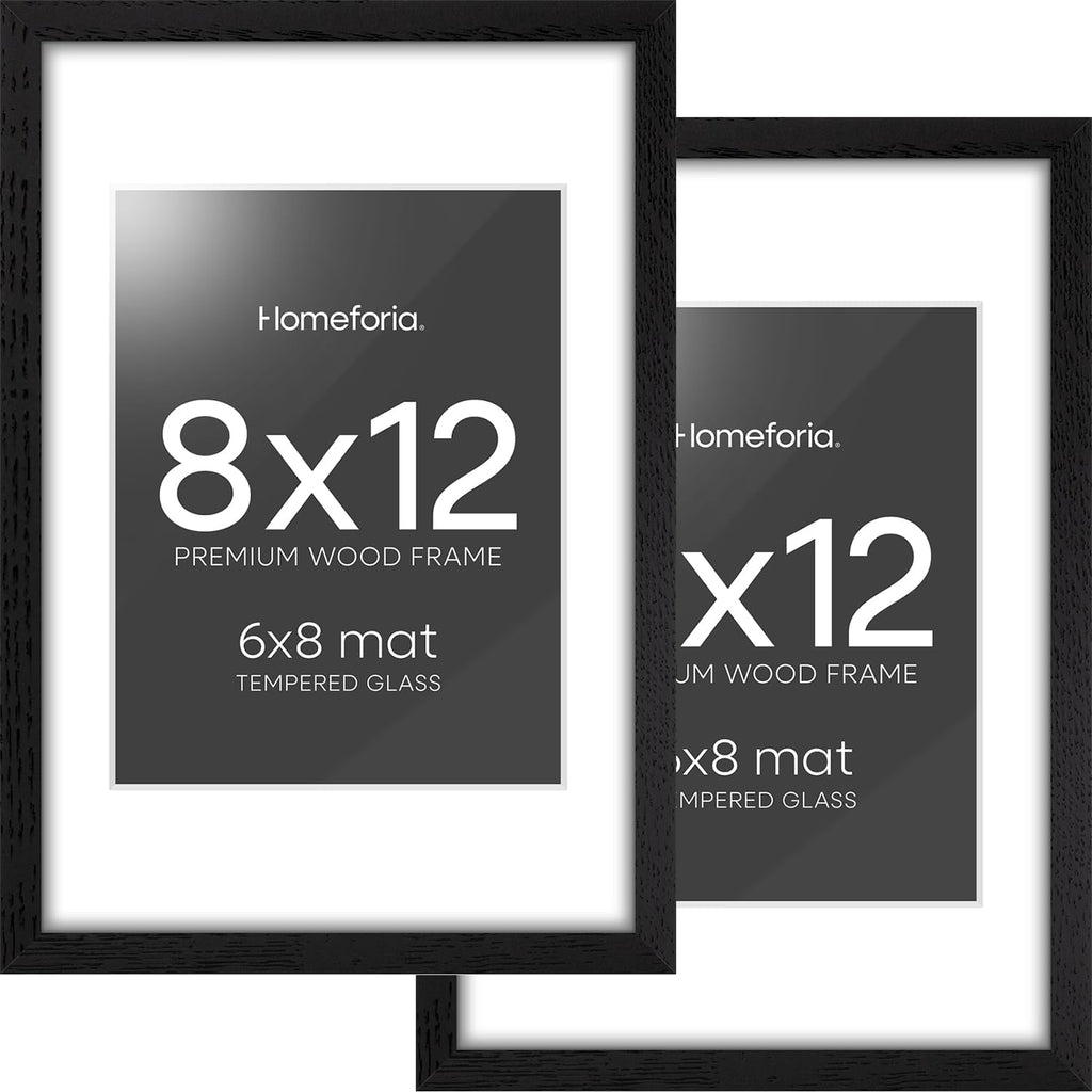 Homeforia 8x12 Black Picture Frame, High End Oak 8 x 12 Wood Frames with Mat 6 by 8 Print, 8by12 Wooden Frame Matted to 6x8 inch Photo, 12x8 Wall or Tabletop Frames, Tempered Glass, Wall Kit, Set of 2