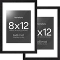 Homeforia 8x12 Black Picture Frame, High End Oak 8 x 12 Wood Frames with Mat 6 by 8 Print, 8by12 Wooden Frame Matted to 6x8 inch Photo, 12x8 Wall or Tabletop Frames, Tempered Glass, Wall Kit, Set of 2