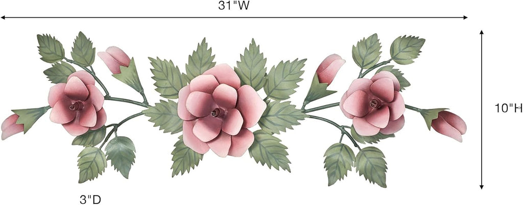 Touch of Class Rose Swag Pink Floral Wall Topper | Handcrafted Handpainted Metal Wall Art | Roses Floral Leaves | Indoor or Covered Outdoors Porch or Patio | Doorways Entryway Hallway