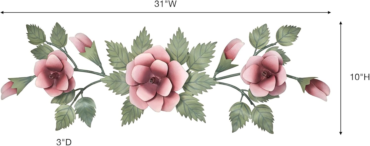 Touch of Class Rose Swag Pink Floral Wall Topper | Handcrafted Handpainted Metal Wall Art | Roses Floral Leaves | Indoor or Covered Outdoors Porch or Patio | Doorways Entryway Hallway