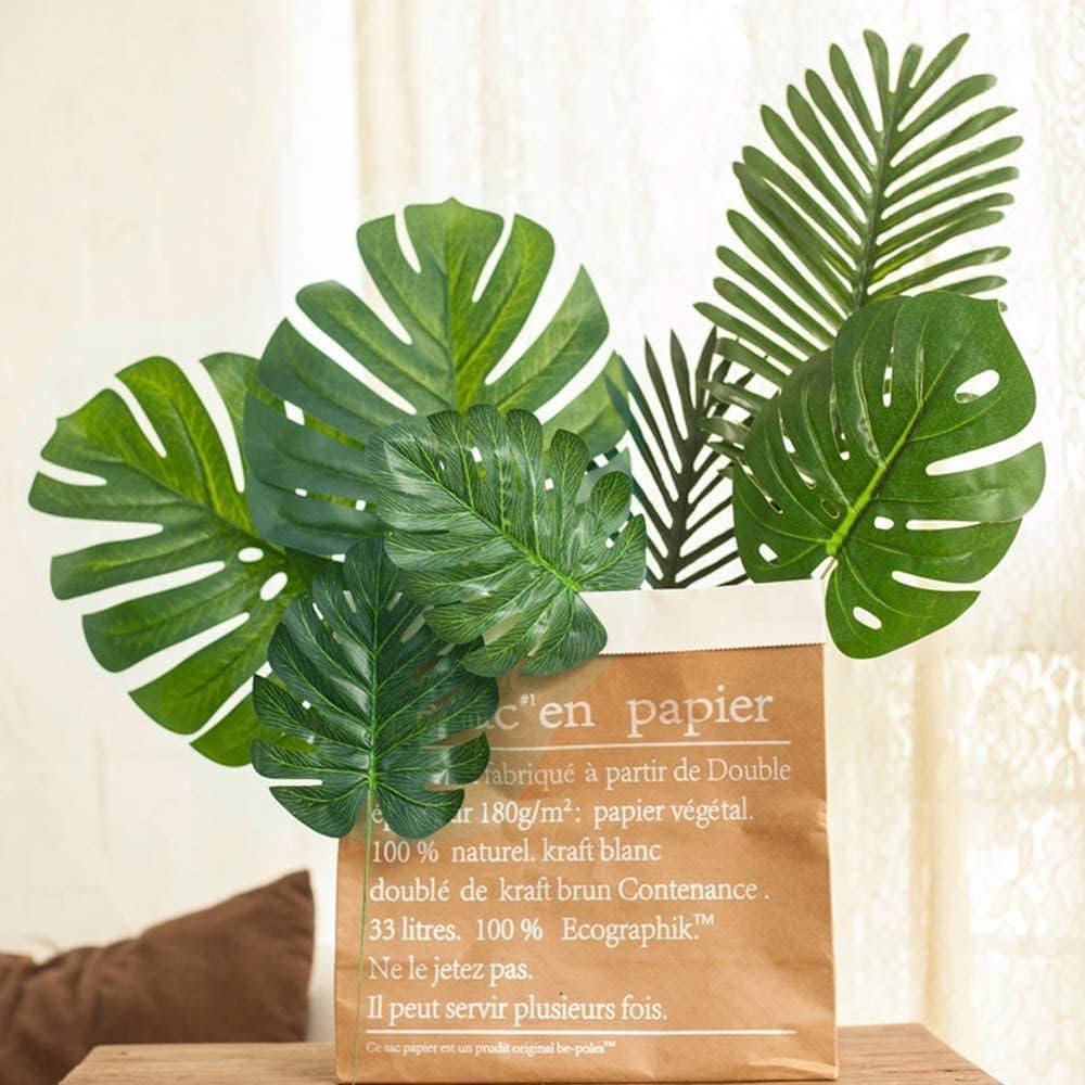 50 Pieces 7 Kinds Artificial Tropical Leaf Jungle Leaves Plant Safari Leaves Decorations Fake Palm Leaf with Stems for Hawaiian Luau Party Table Beach Birthday Wedding Theme Party Decorations