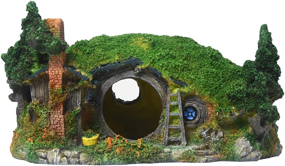 Hobbit Fish Tank Decorations Reptile House Hidden Hole Landscaping for Aquarium and Reptiles Decorations Mini Garden Decorating Two Sizes (L)