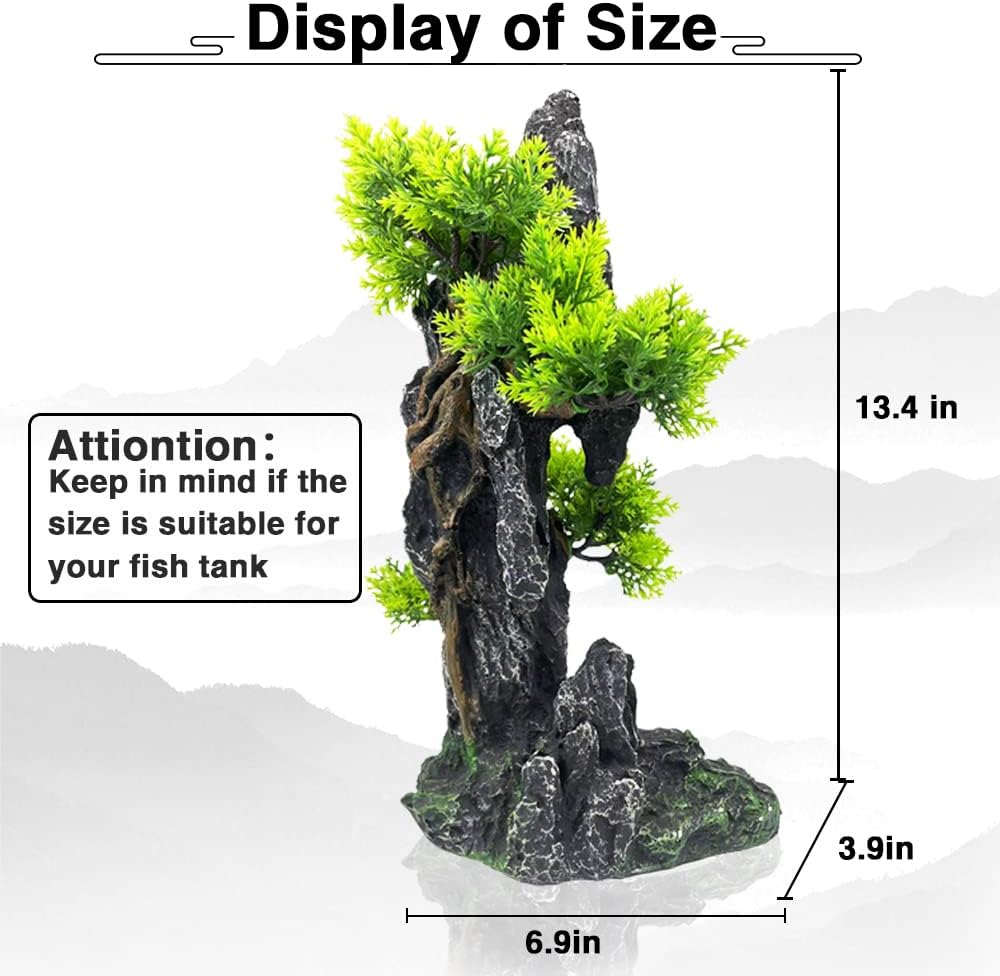 Aquarium Mountain View Stone Ornament Tree Rock Cave - Aquarium Decorations Large and Tall Fish Tank Decorations for Large Fish Tank - 13.4 Inches High