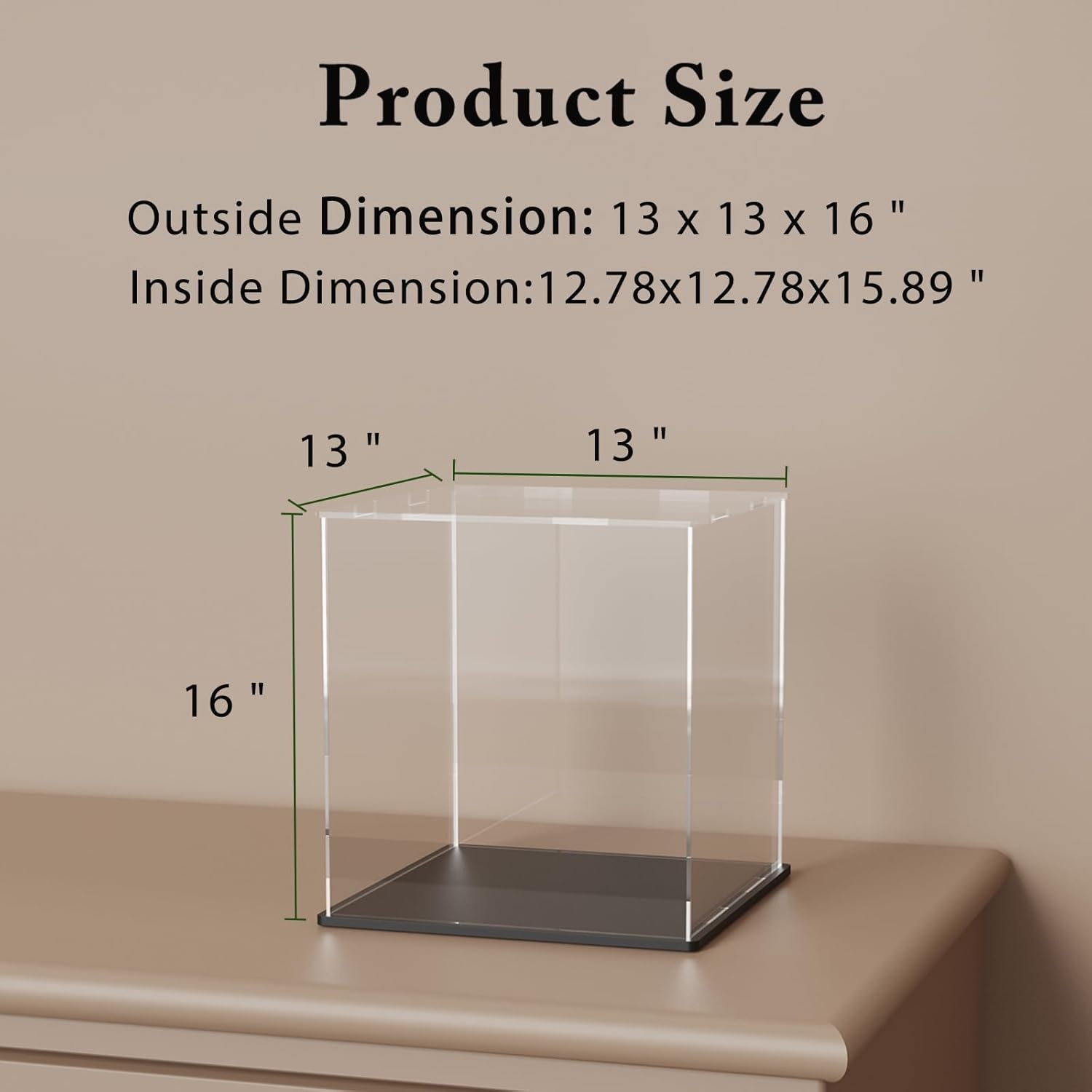 SVENJBB Large Display Case for Dolls, 13x13x16 Inch Acrylic Box for Trophy and Figures, Clear Acrylic Display Cases with Matte Black Base for Collection Protection and Storage