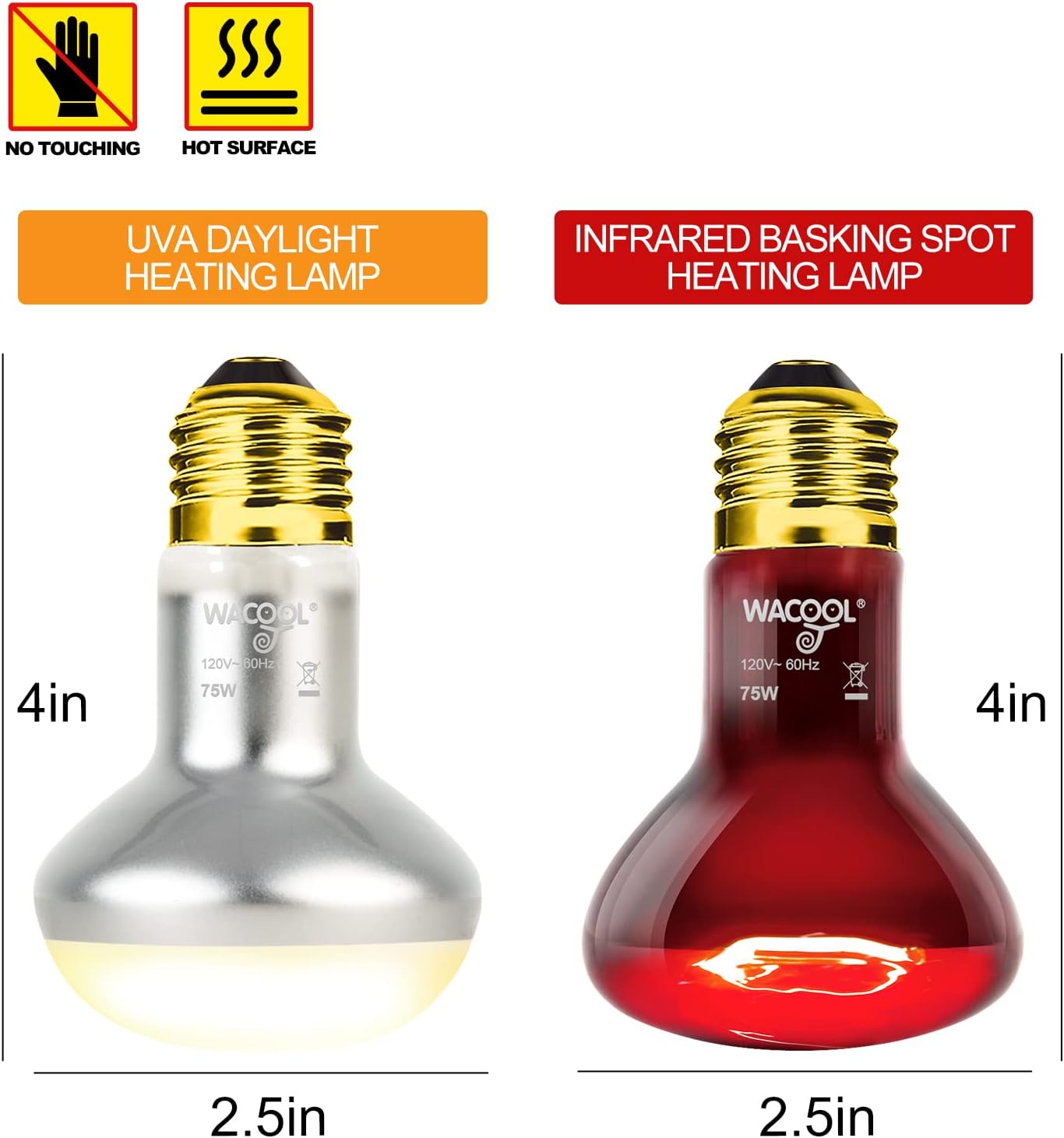 WACOOL 2Pack 75W Reptile Heat Lamp Day & Night Kit, Nature Simulated Basking Daylight & Nightlight Heat Lamp Bulbs for Reptiles & Amphibians, UVA Heat Lamp for Bearded Dragon Gecko Turtle Lizard