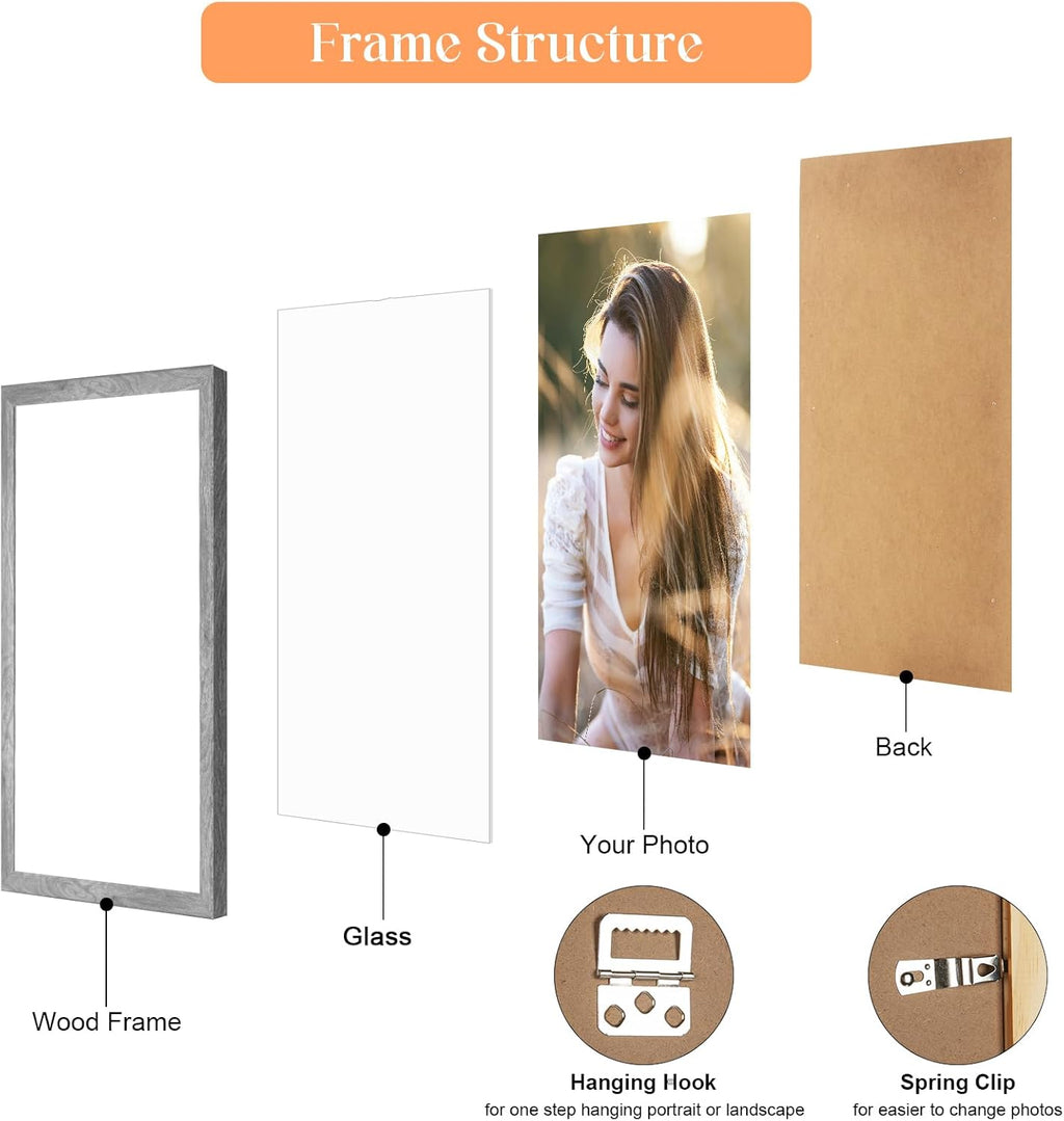 8x10 Wood Frame Grey, Rustic Natural 10x8in Gray Woodgrain Picture Photo Frame, Wooden 8 x 10inch Gallery Pic Frame with HD Plexiglass, Horizontal Vertical Wall Mounting Tabletop Display 1Pcs