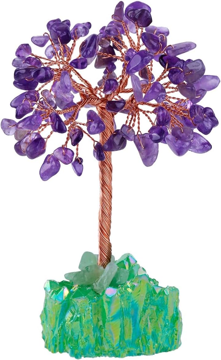mookaitedecor Amethyst Crystal Tree, Quartz Cluster Green Titanium Crystals Base Bonsai Money Tree for Wealth and Luck