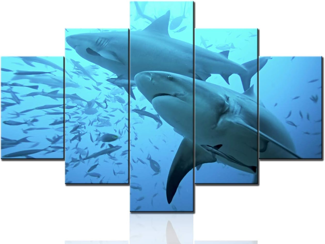 5 Piece Canvas Wall Art Bull Shark with Many Small Fish Pictures Underwater World Paintings Contemporary Sea Artwork Modern Home Decor Wooden Framed Ready to Hang Posters and Prints(60''Wx40''H)