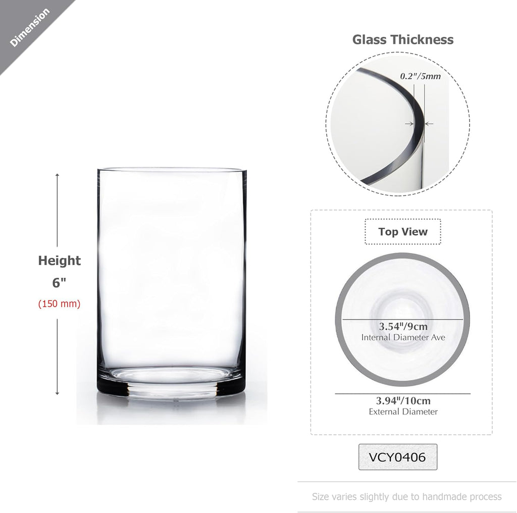 WGVI Quality Thick Weighted Clear Cylinder Glass Vases, 4" W x 6" H, Flower Arrangement Glass Candle Holders Wedding Centerpieces Terrarium Planter Pen Brush Storage Container, Bulk Wholesale, 18 Pcs