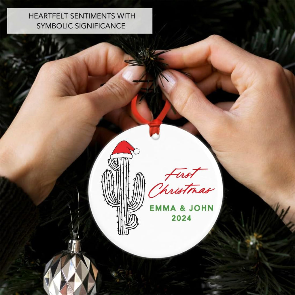 Andaz Press 2.8" Ceramic Porcelain Personalized Christmas Cactus Ornament, Cactus First Christmas, Custom Cactus Christmas Ornaments, Succulent Ornament Cactus Decor, Wedding, Gift for Couples