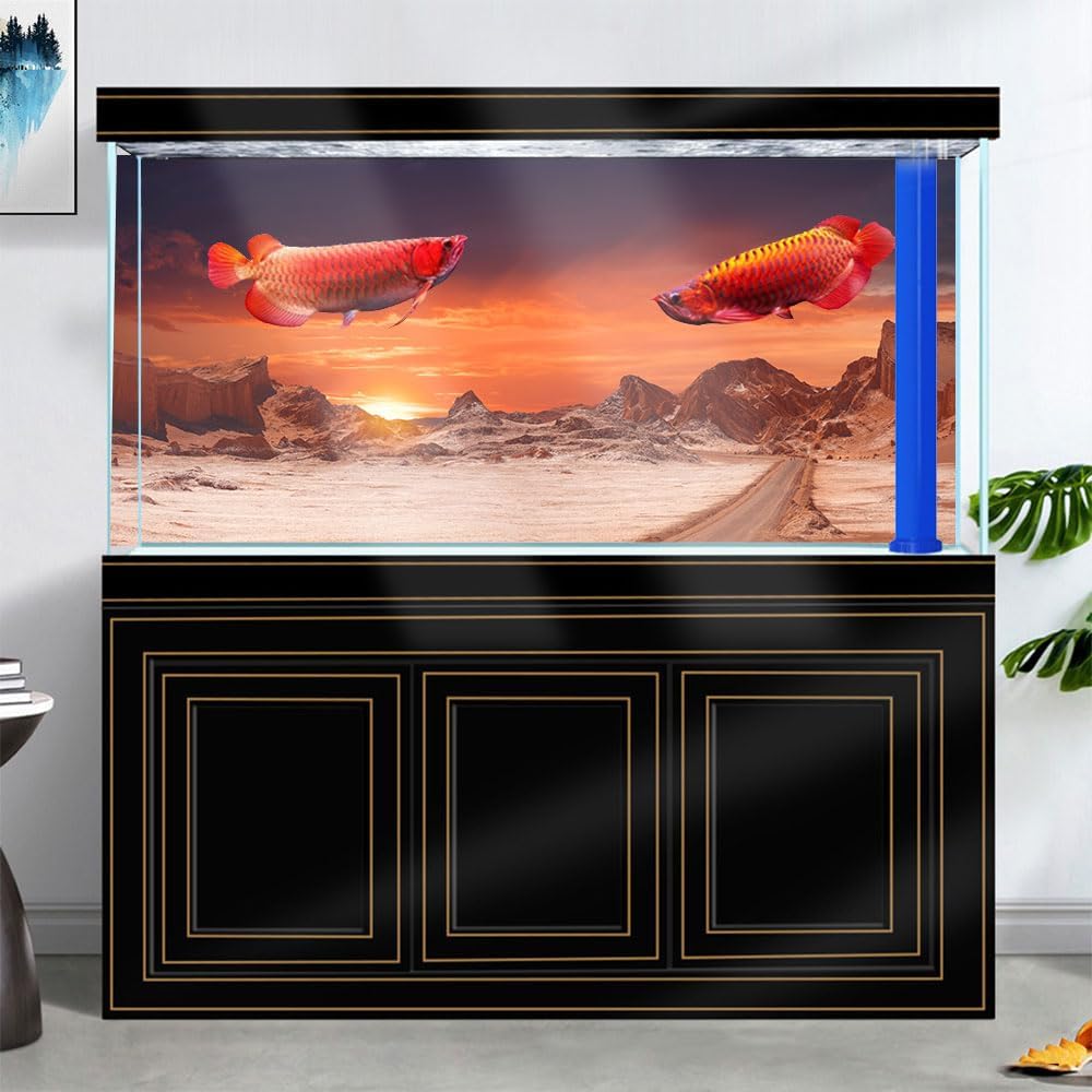 60X24IN Sun and Desert Moon Themed Reptile Habitat on Orange Durable Decorative Background, Terrarium Background with 10EVA Double-Sided Tape