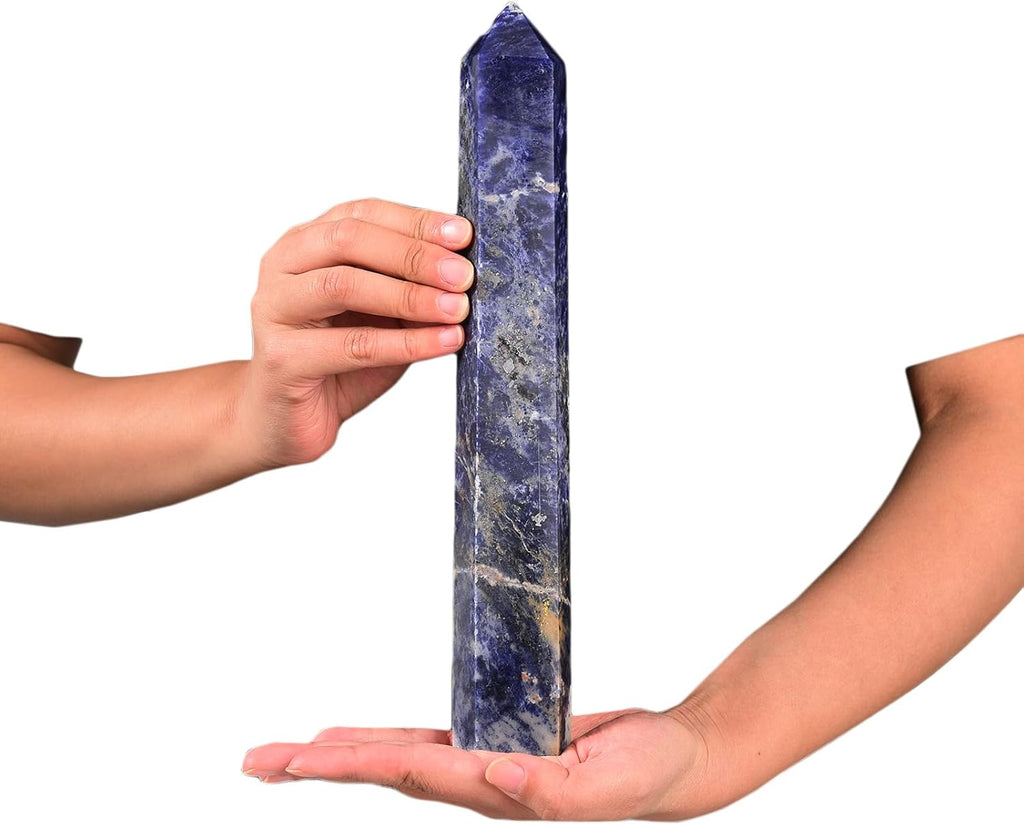 JIC Gem Large Blue Sodalite Obelisk Tower Points Natural Healing Crystal Wand Blue-Veins Stone Quartz Crystals Tower Wand 6 Faceted Single Point 2.2-2.6 Lbs