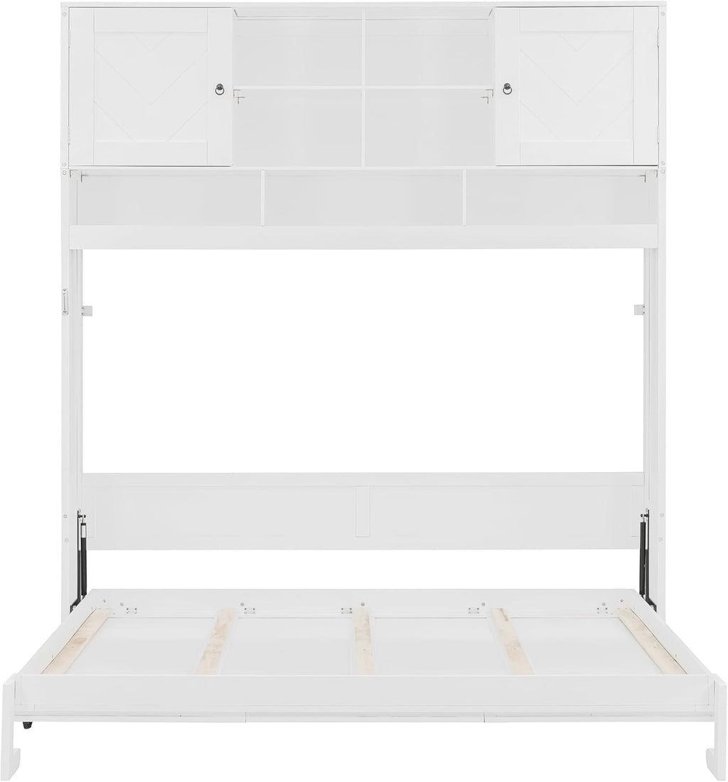 Merax Queen Size Murphy Bed Wall Bed with Top Cabinets and Shelves, Space-Saving Design Foldable Platform Bed Frame, Multifunctional Bed for Bedroom, Guest Room, Home Office, White (Chevron Stripes)
