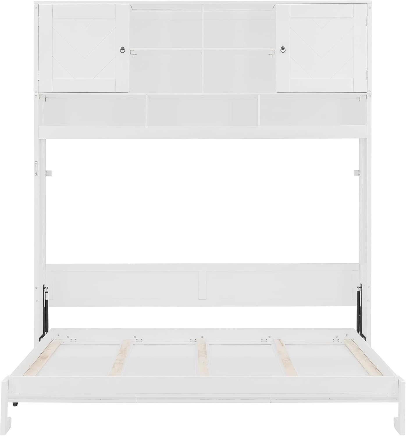 Merax Queen Size Murphy Bed Wall Bed with Top Cabinets and Shelves, Space-Saving Design Foldable Platform Bed Frame, Multifunctional Bed for Bedroom, Guest Room, Home Office, White (Chevron Stripes)