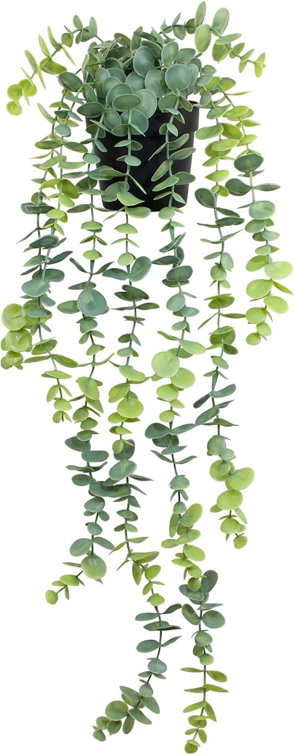 LOYWREE Fake Hanging Eucalyptus Plants Small Potted Long Vine Plants Indoor for Vintage Boho Farmhouse Bathroom Office Desk Wall Shelf Room Aesthetic Decor (Black Pot)
