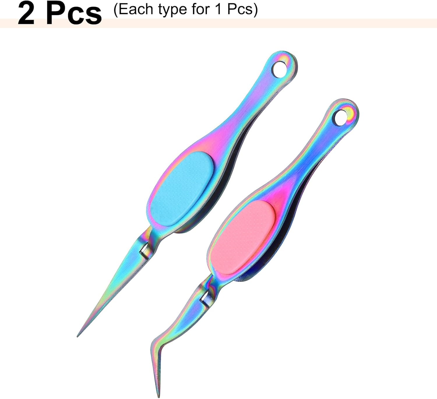 HARFINGTON 2pcs Craft Tweezers Precision Crossing Lock Curved Straight Stainless Steel Soft Reverse Grip Fine Tip Tweezers for DIY Craft Jewelry Beading Electronics, Rainbow Pink Blue