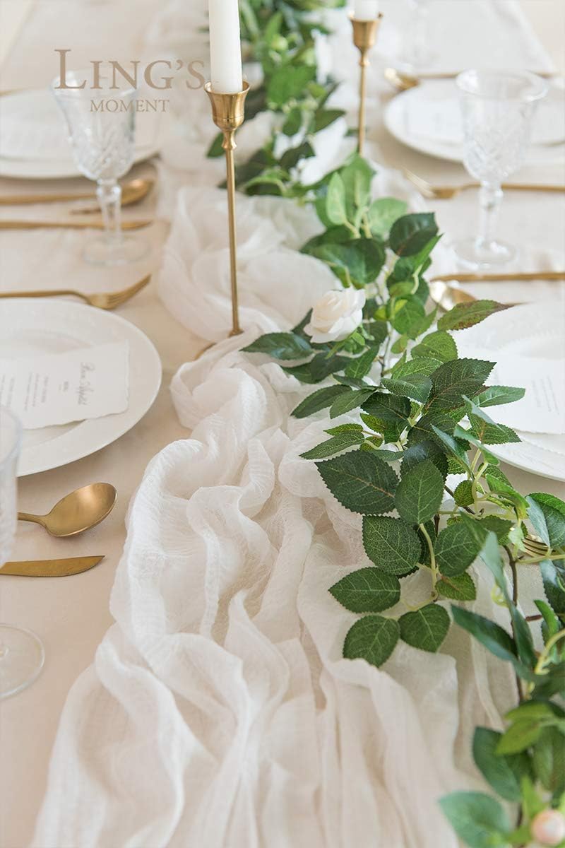 Ling's Moment 10Ft x 35" Wide Brilliant White Gauze Semi-Sheer Table Runner Cheesecloth Tablecloth for Wedding Party Bridal Shower Boho Table Decor