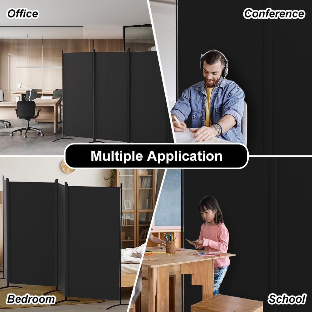 Kokorona 4 Panel Room Divider, 6FT Tall Folding Privacy Screen Wall Dividers, Portable Privacy Screen Freestanding Room Divider for Room Separation, Included - Cover Strips, Black, 136''W x 71''H