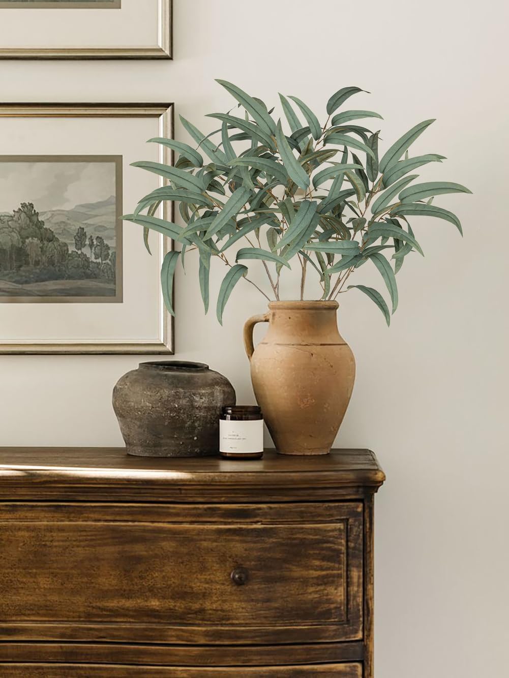 Briful Artificial Eucalyptus Willow Branches 33'' Tall Gray Fake Eucalyptus Stems Arrangement, Realistic Faux Greenery Stems, Indoor Plant, Home Housewarming Farmhouse Porch Vase Decor, Set of 3