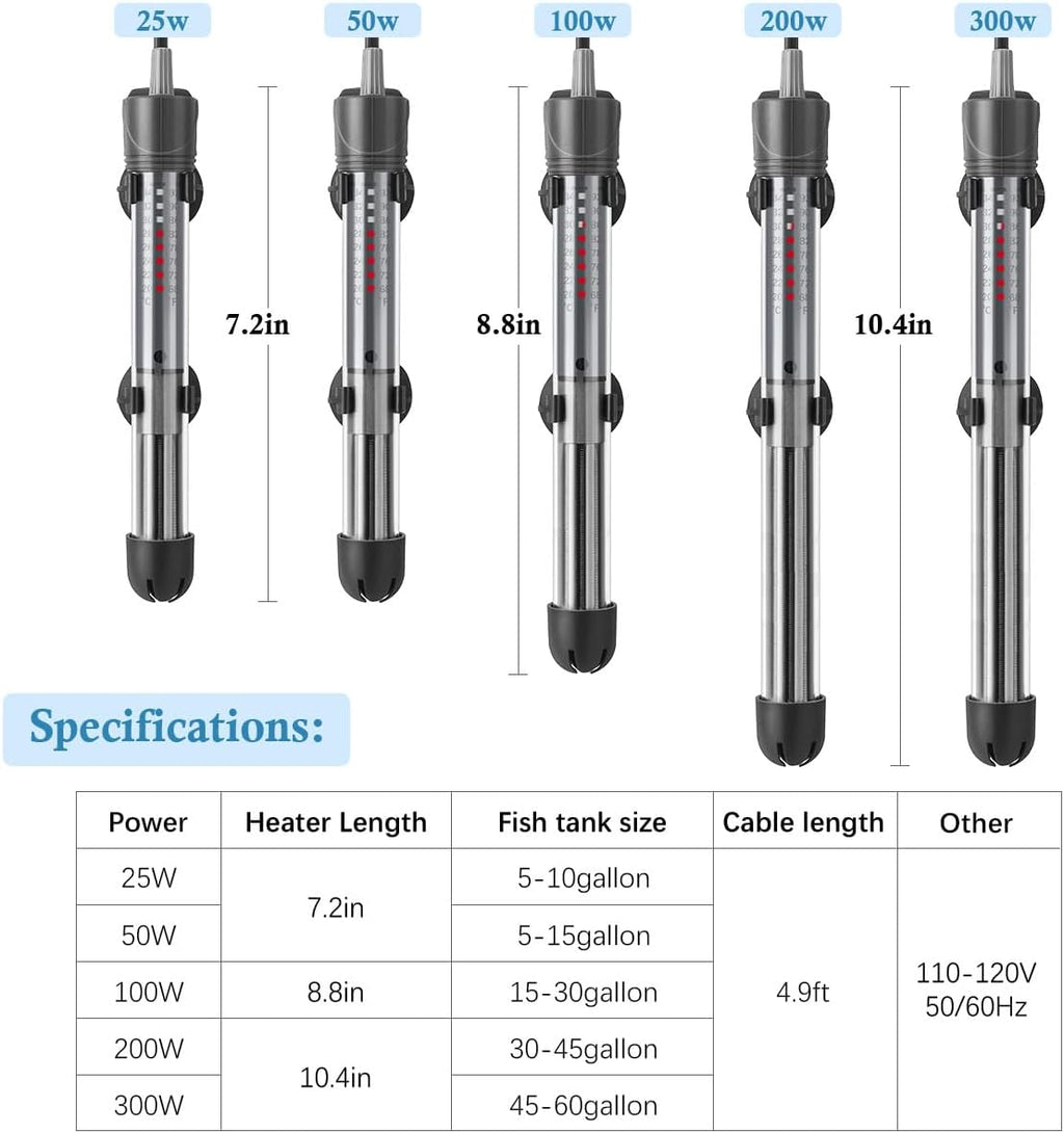 HITOP 25W 50W 100W 200W 300W Adjustable Aquarium Heater, Submersible Fish Tank Heater Thermostat with Suction Cup (200W)