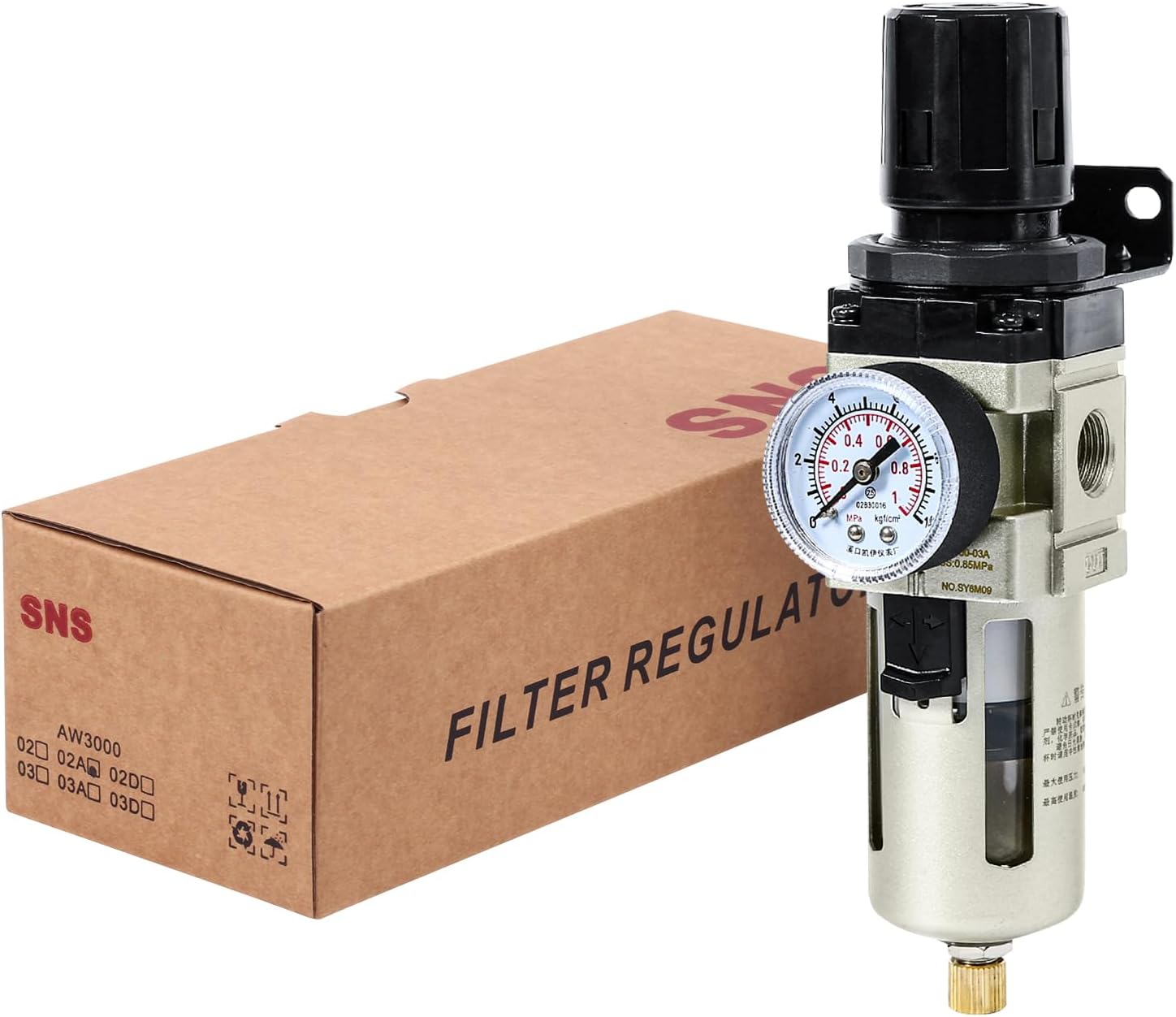 SNS Compressed Air Filter Regulator Piggyback Combo 3/8''NPT- Poly Bowl with Metal Guard, Semi-auto Drain, Bracket, Gauge AW3000-N03A