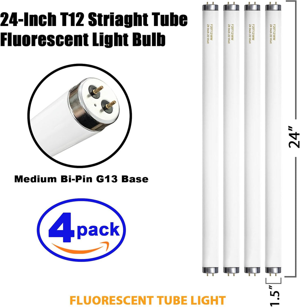 F20T12/WW 20 Watt Soft Warm White, T12 Fluorescent Tube Light Bulb 20W 24 Inch, 2Ft F20T12/DSW/RP Replacement for F20T12 F20T12KB/ECO/RVL F20T12KB/ECO F20T12/SPX30 1250Lm G13 4 Count