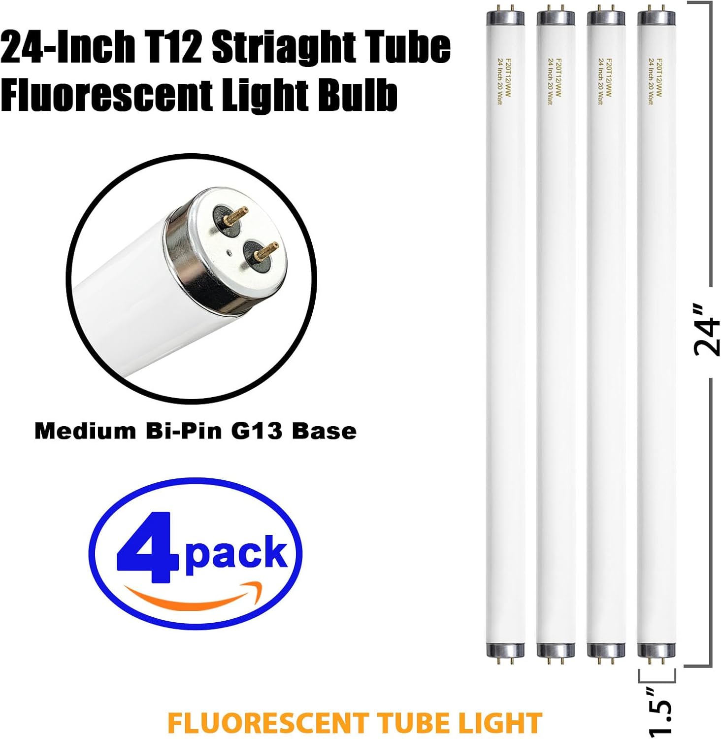 F20T12/WW 20 Watt Soft Warm White, T12 Fluorescent Tube Light Bulb 20W 24 Inch, 2Ft F20T12/DSW/RP Replacement for F20T12 F20T12KB/ECO/RVL F20T12KB/ECO F20T12/SPX30 1250Lm G13 4 Count