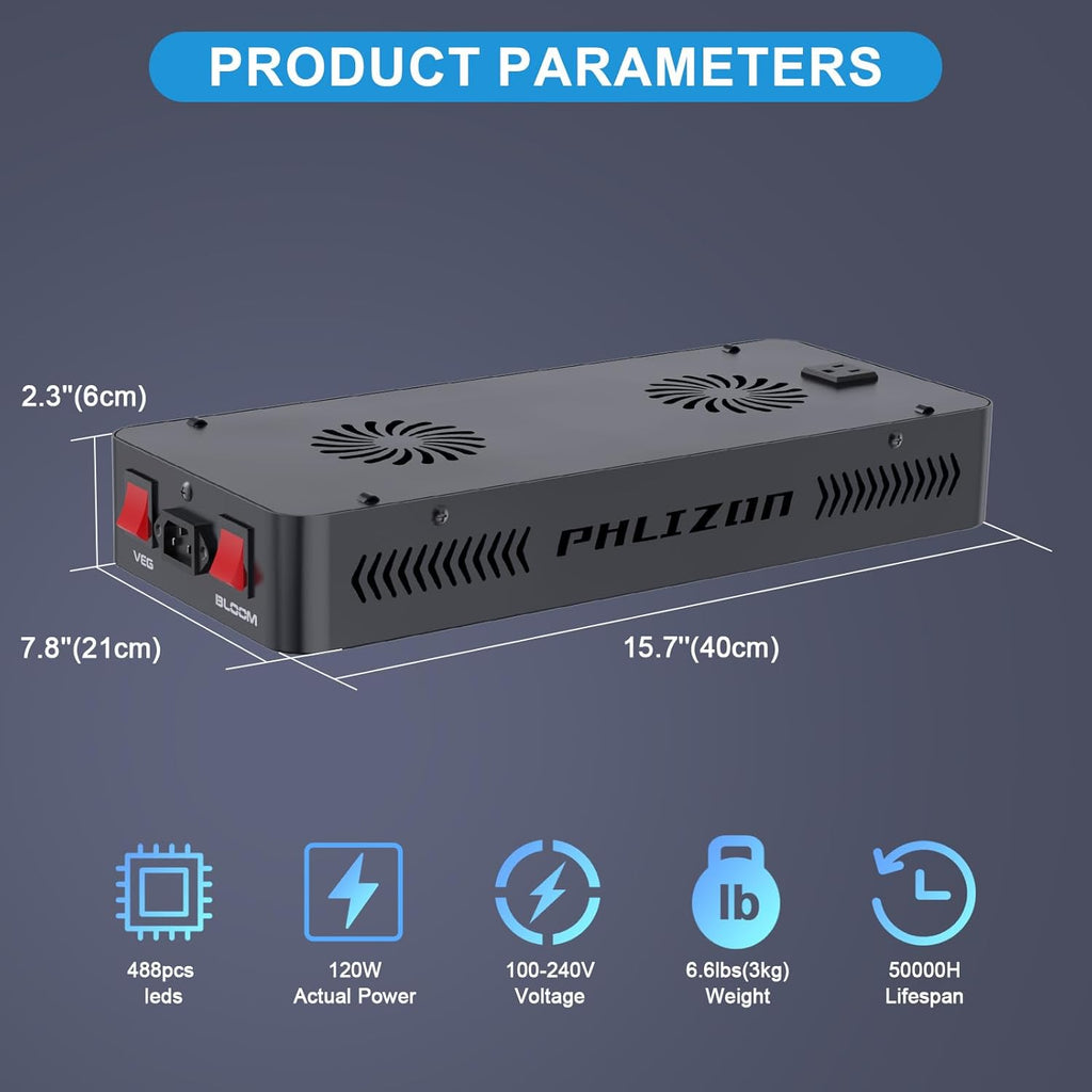 Phlizon 1200W LED Plant Grow Light - 2x2ft & 3x3ft Full Spectrum Daisy Chain Plant Light with Double Switch for Indoor Veg & Flower