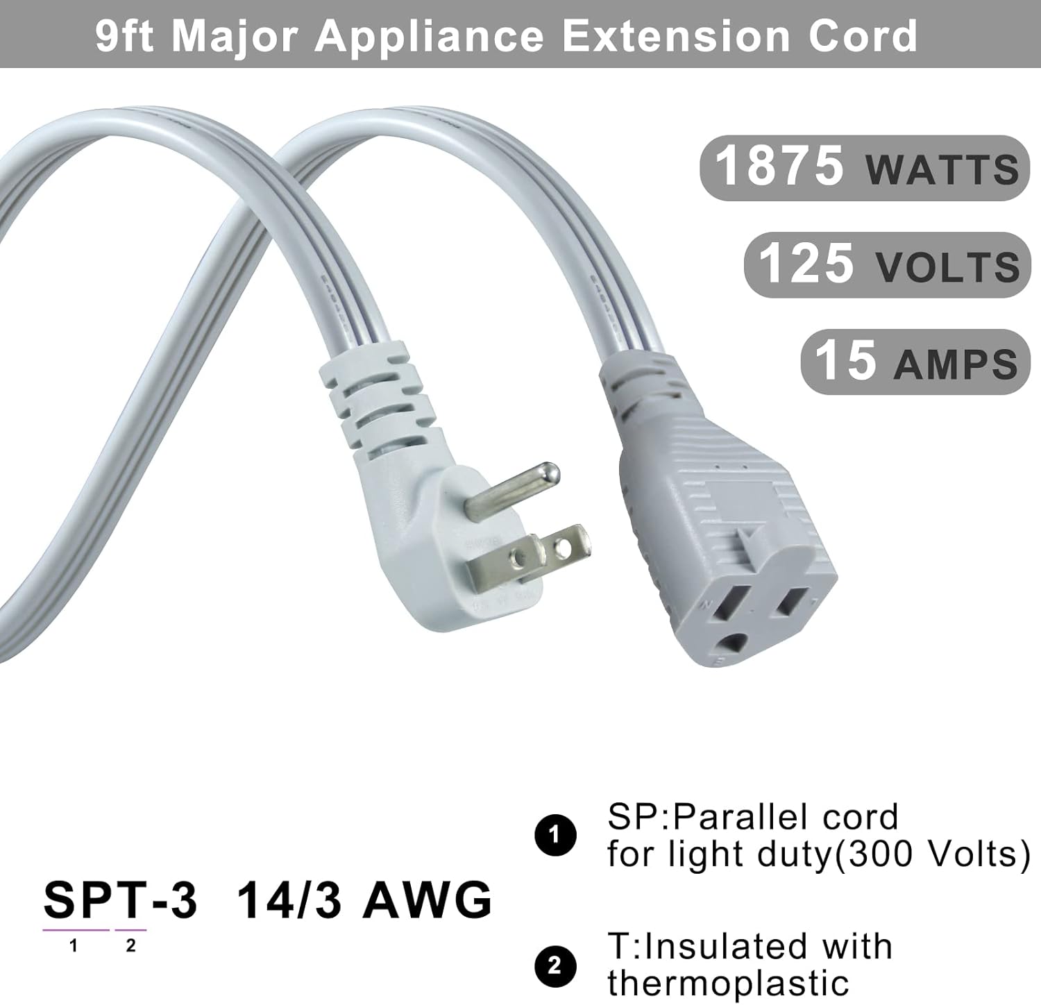 KUNCAN Appliance Power Extension Cord - 3 Prong Flat Wire SPT-3 14 AWG Heavy Duty Male to Female Extender Low Profile Grounded Cable for Major AC Unit, Air Conditioner, Refrigerator (9 Feet)