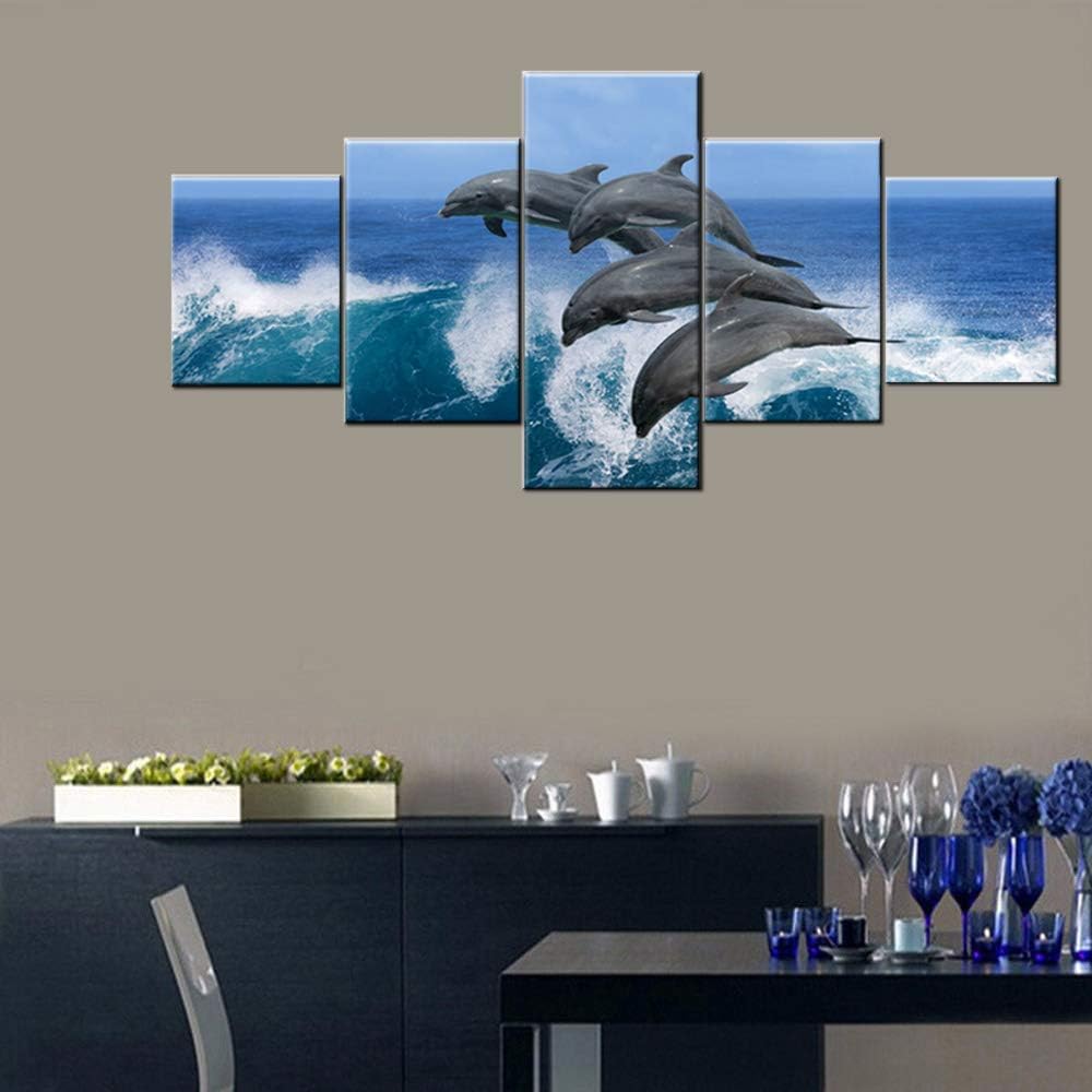 Fish Wall Art for Living Room Dolphins Jumping Over Breaking Wave Pictures Seascape Paintings 5 Pieces Grey Canvas Artwork Modern Home Decor Wooden Framed Ready to Hang Posters and Prints(50''Wx24''H)