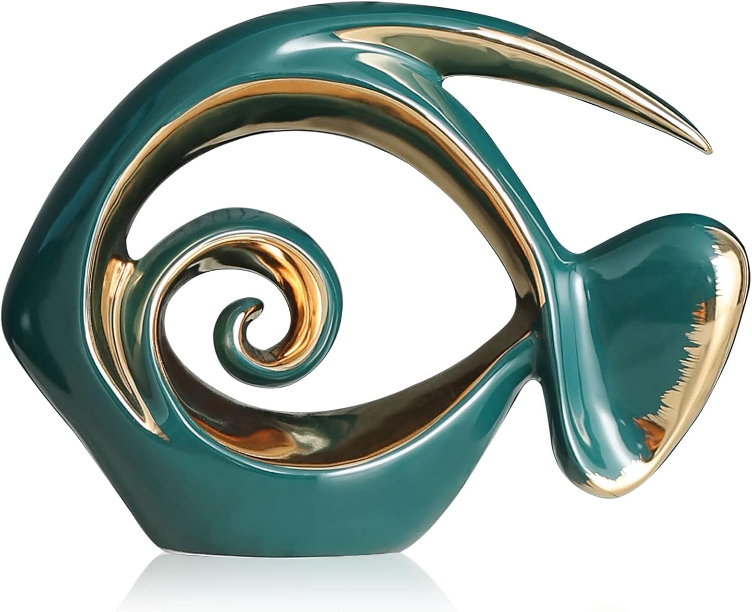 Green Gold Ceramic Fish Figurines - Coastal Home Decor, Modern Ocean Centerpieces for Living Room, Dining Area, Bathroom, Office, Coffee Table, Beach House, Nautical, Seaside, Entrance, Shelf Display
